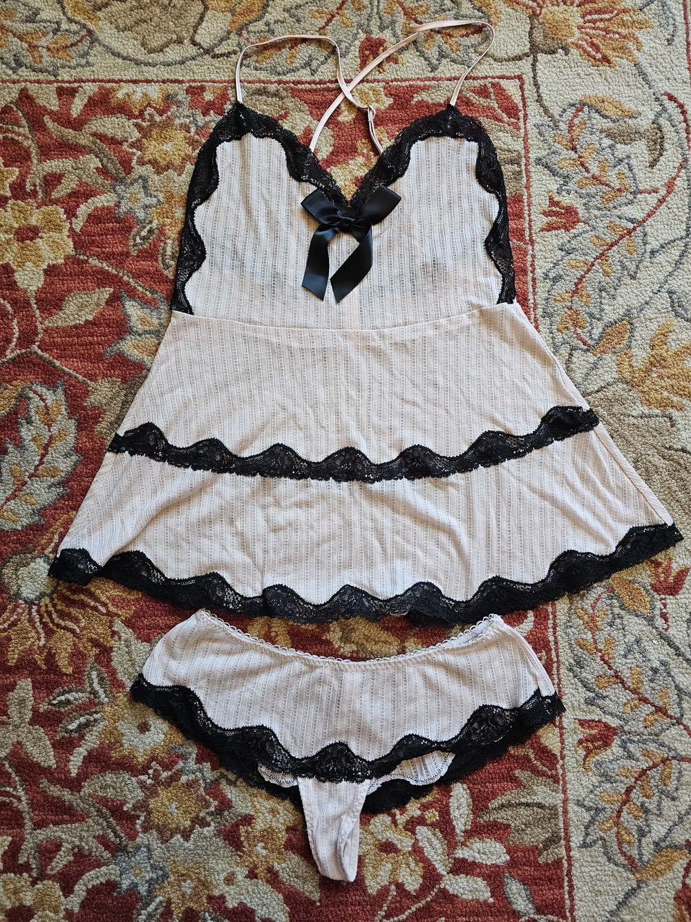 Women's VS Satin Lace-Trim Chemise & Bikini Set - Pink with Black Lace
